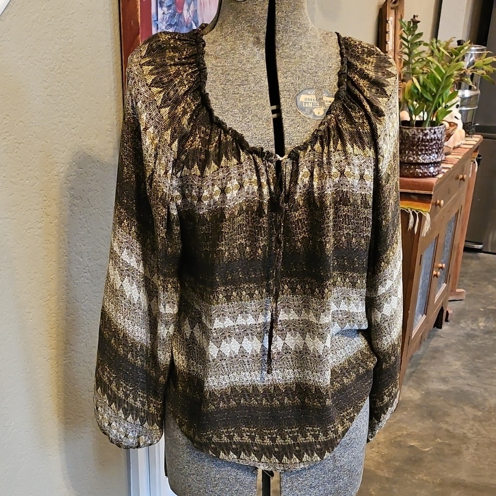 Parker Brand Women's Blouse 100% Silk Brown Cream Geometric Pattern Size M